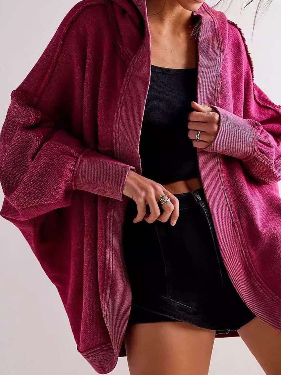 Exposed Seam Open Front Batwing Sleeve Hooded Cardigan - Delanoir