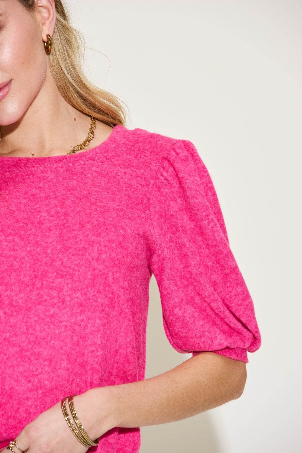 Zenana Round Neck Lantern Half Sleeve Sweater - Delanoir