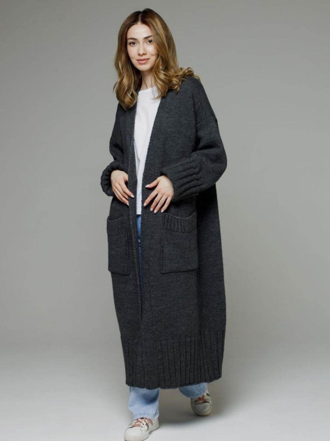 Pocketed Open Front Dropped Shoulder Cardigan - Delanoir