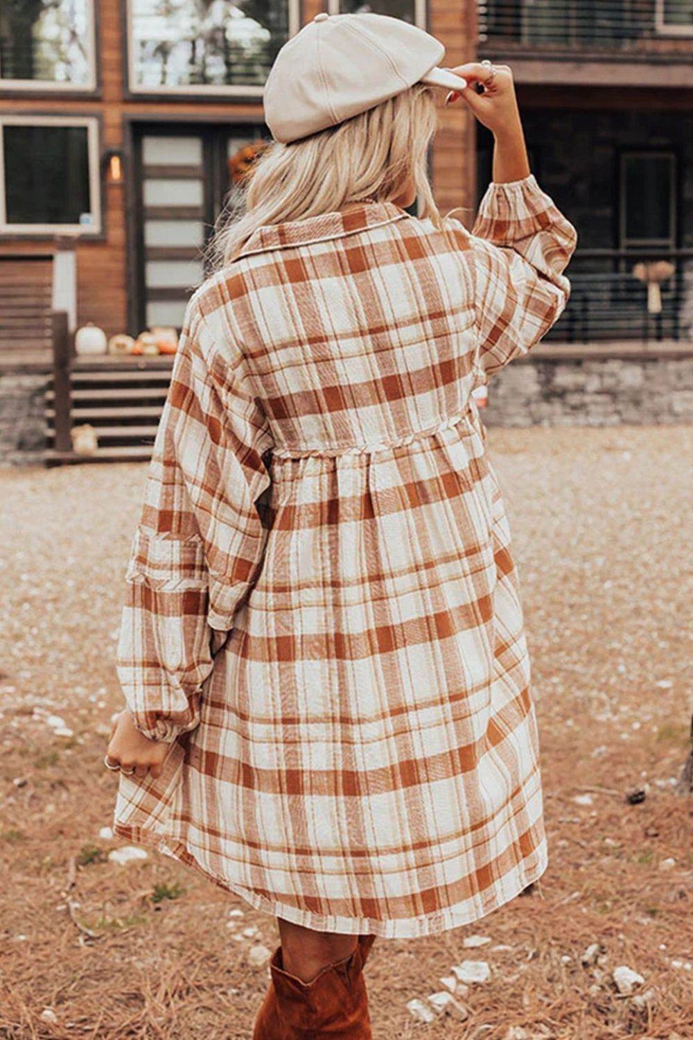 Plaid Collared Neck Long Sleeve Mini Shirt Dress - Delanoir