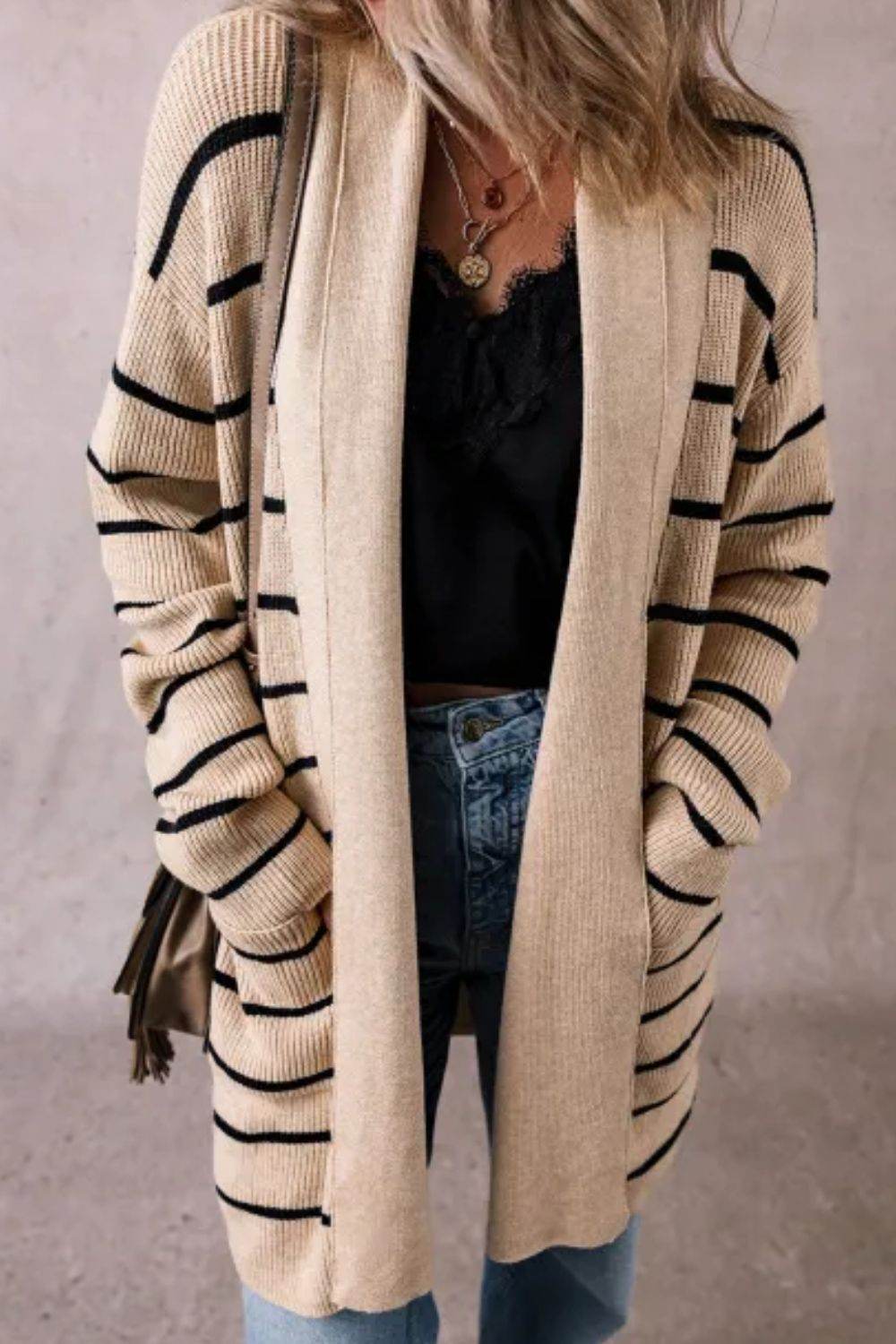 Striped Open Front Long Sleeve Cardigan - Delanoir