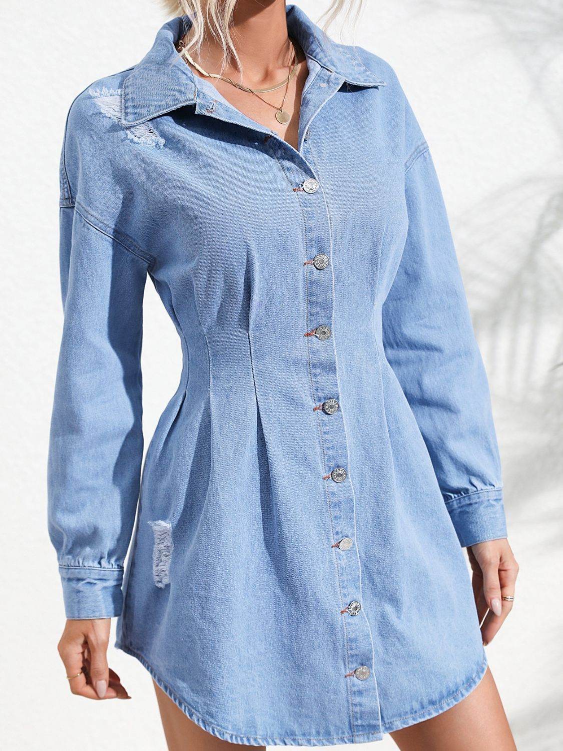 Distressed Button Up Long Sleeve Denim Dress - Delanoir