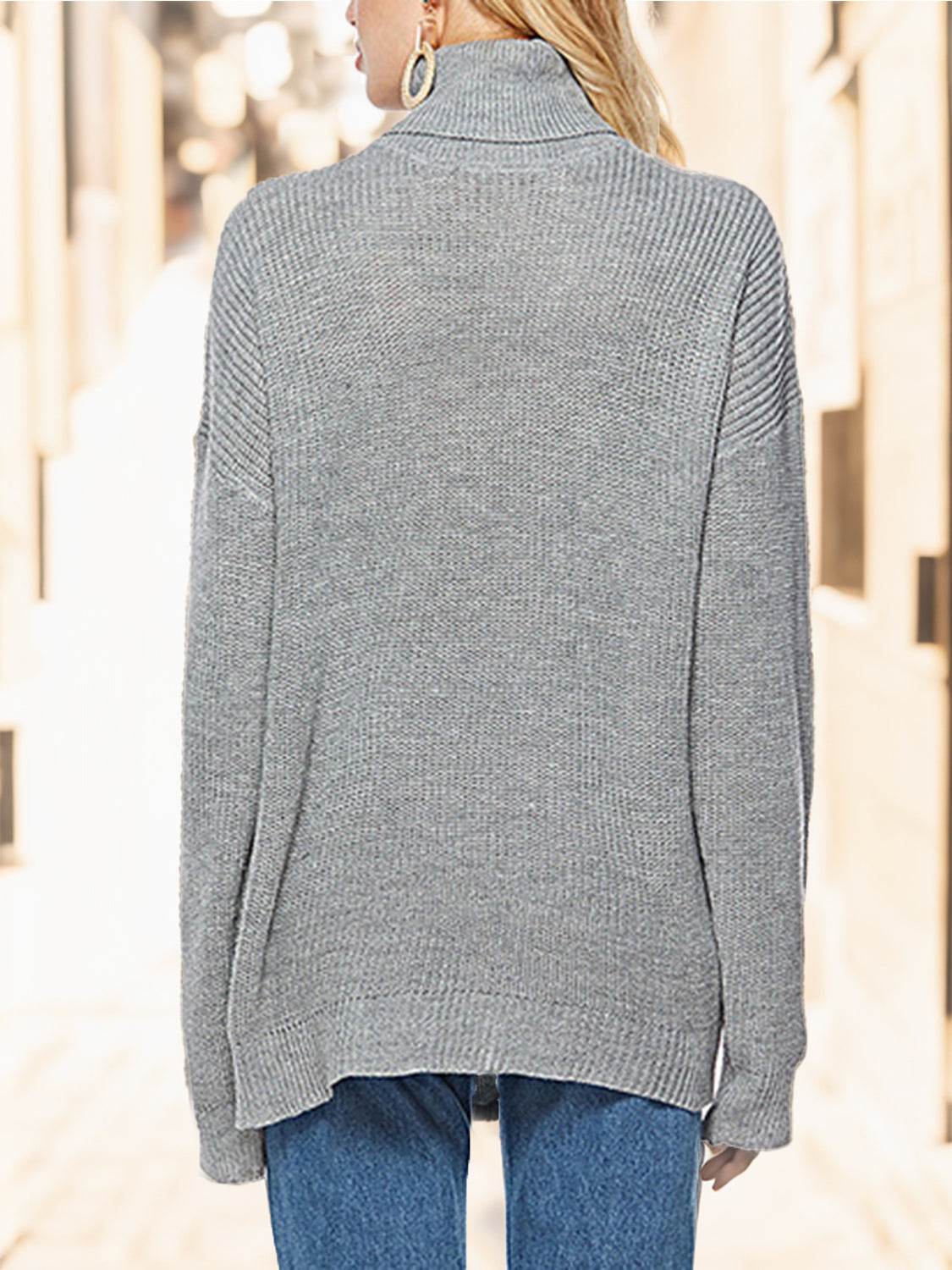Turtleneck Drop Shoulder Long Sleeve Sweater - Delanoir