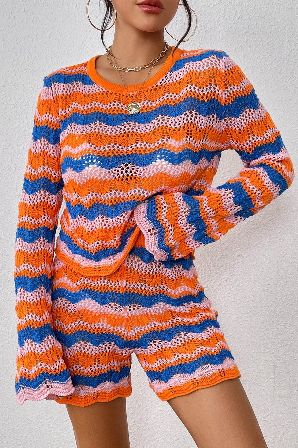 Striped Sweater and Knit Shorts Set - Delanoir
