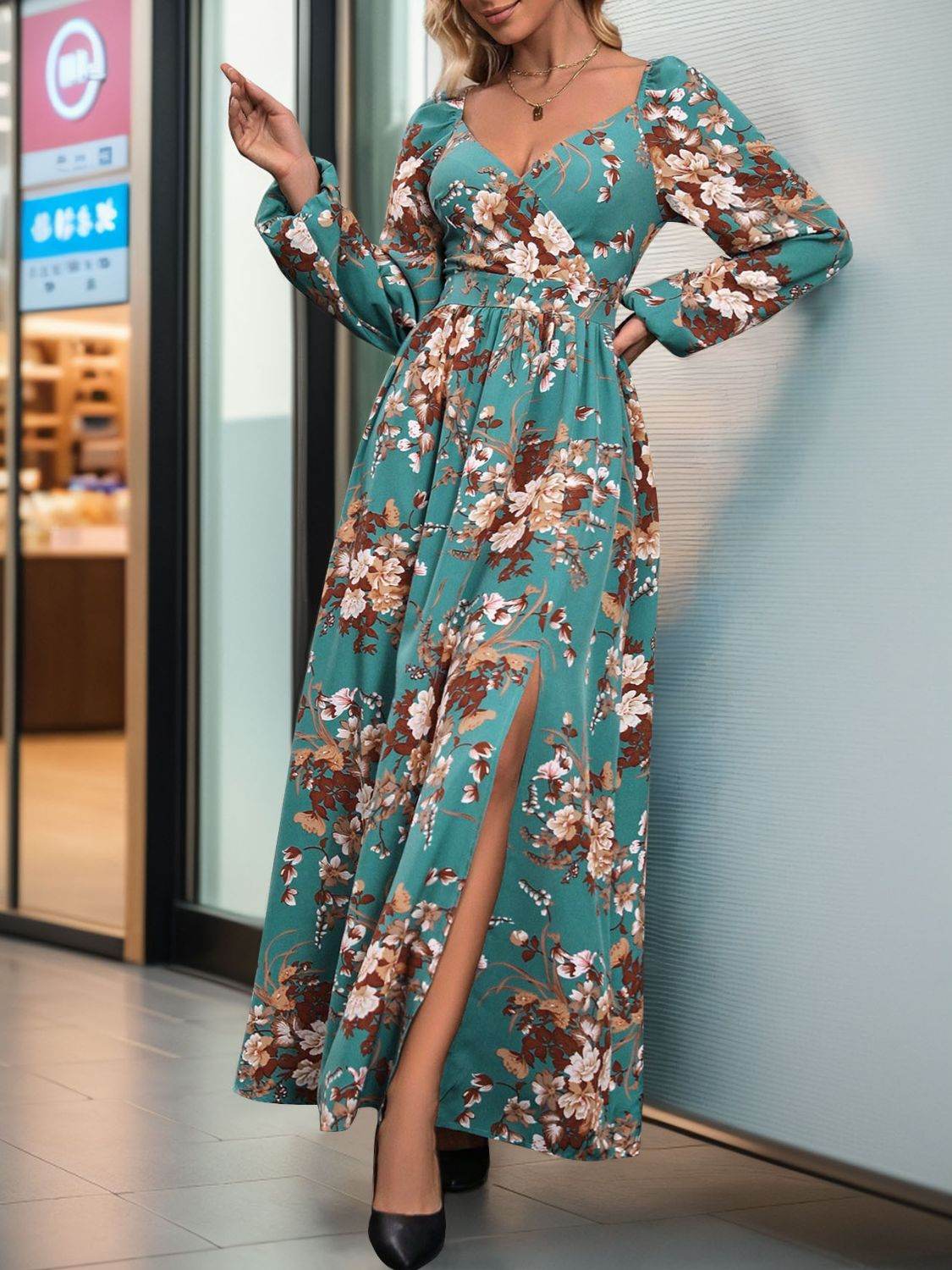 Perfee Slit Printed Surplice Long Sleeve Maxi Dress - Delanoir