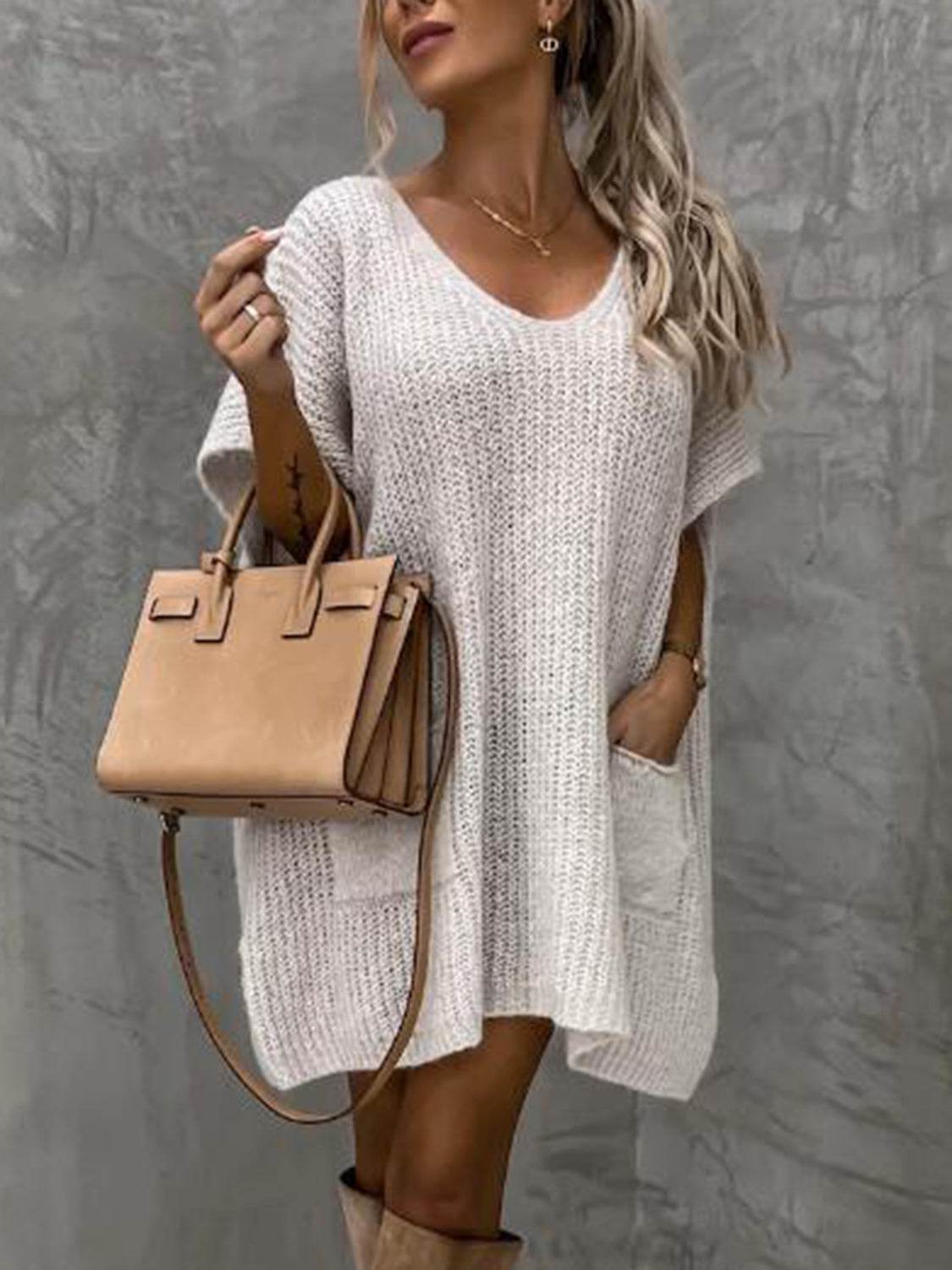 Short Sleeve Sweater Dress with Pockets - Delanoir