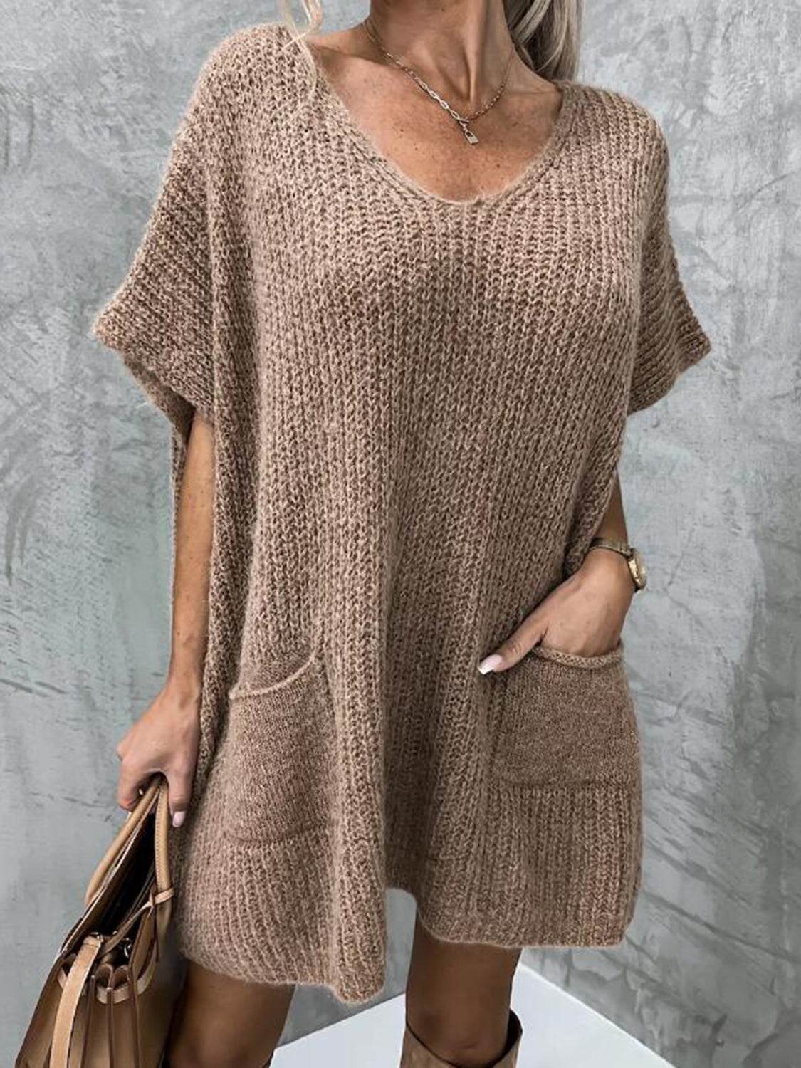 Short Sleeve Sweater Dress with Pockets - Delanoir