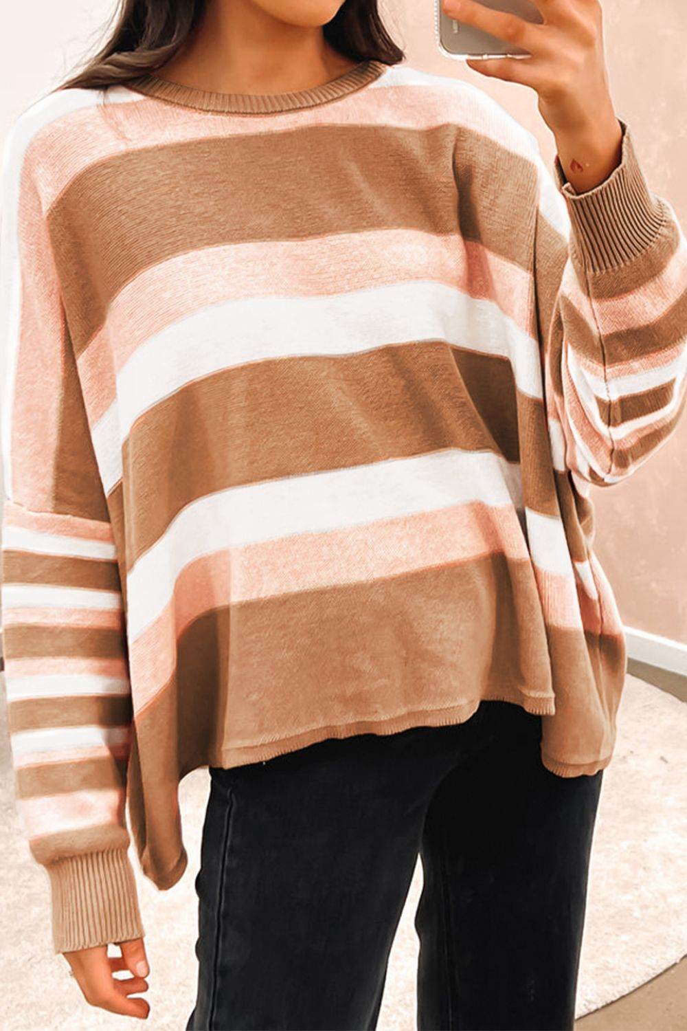 Striped Round Neck Long Sleeve Sweater - Delanoir