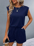 Round Neck Cap Sleeve Romper - Delanoir