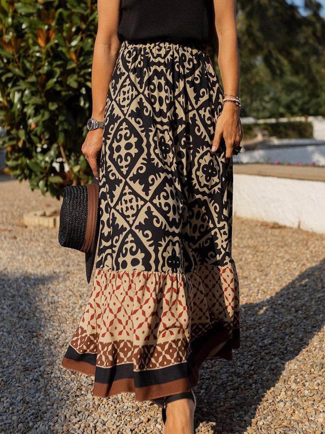 Geometric Elastic Waist Maxi Skirt - Delanoir