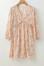 Printed V-Neck Balloon Sleeve Mini Dress - Delanoir
