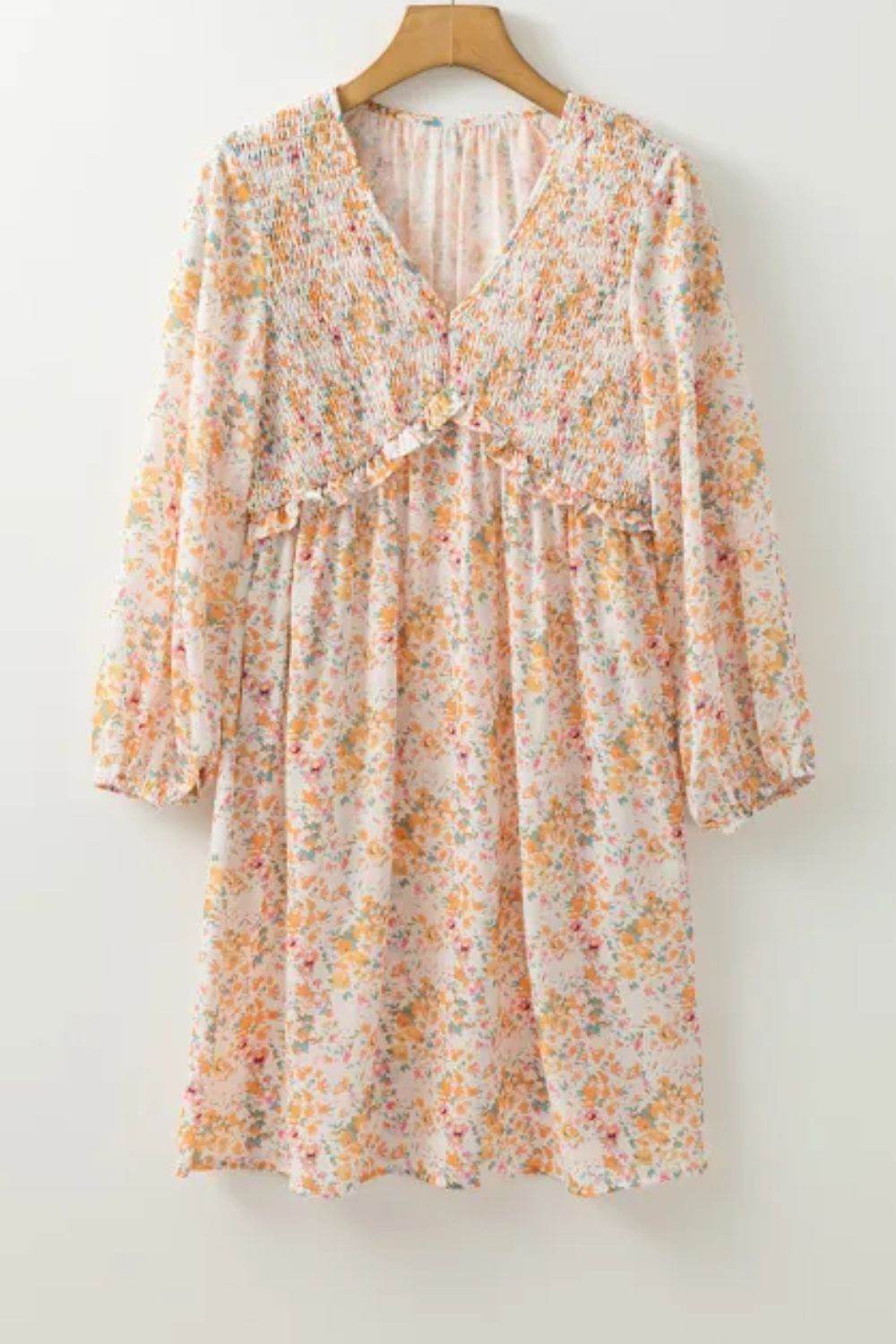 Printed V-Neck Balloon Sleeve Mini Dress - Delanoir