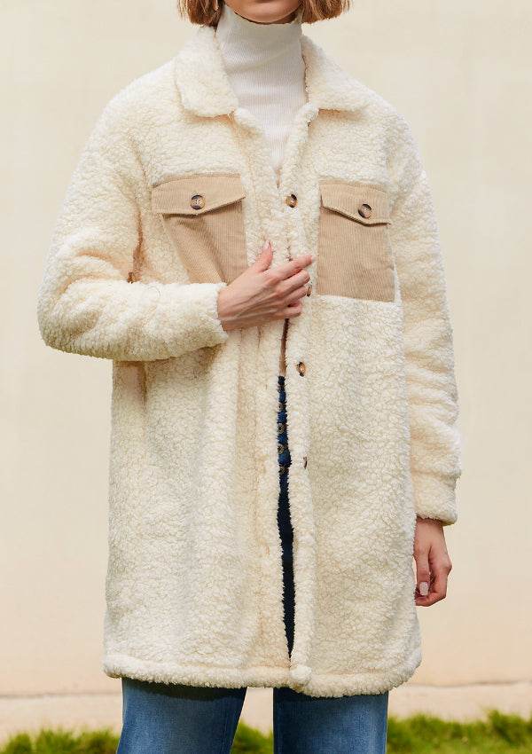 Collared Neck Long Sleeve Longline Teddy Jacket - Delanoir