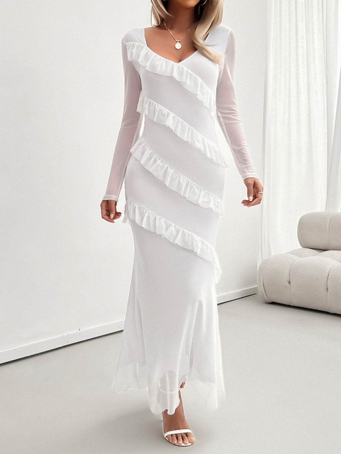 Devine Ruffled Surplice Long Sleeve Maxi Dress - Delanoir