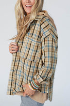Drawstring Waffle Knit Patchwork Hooded Plaid Shacket - Delanoir
