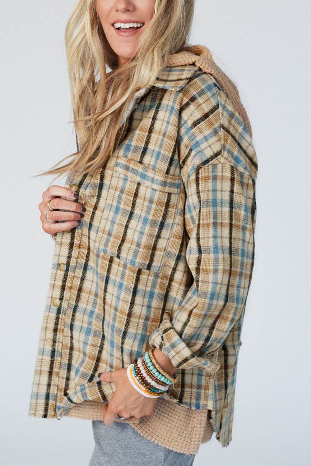 Drawstring Waffle Knit Patchwork Hooded Plaid Shacket - Delanoir