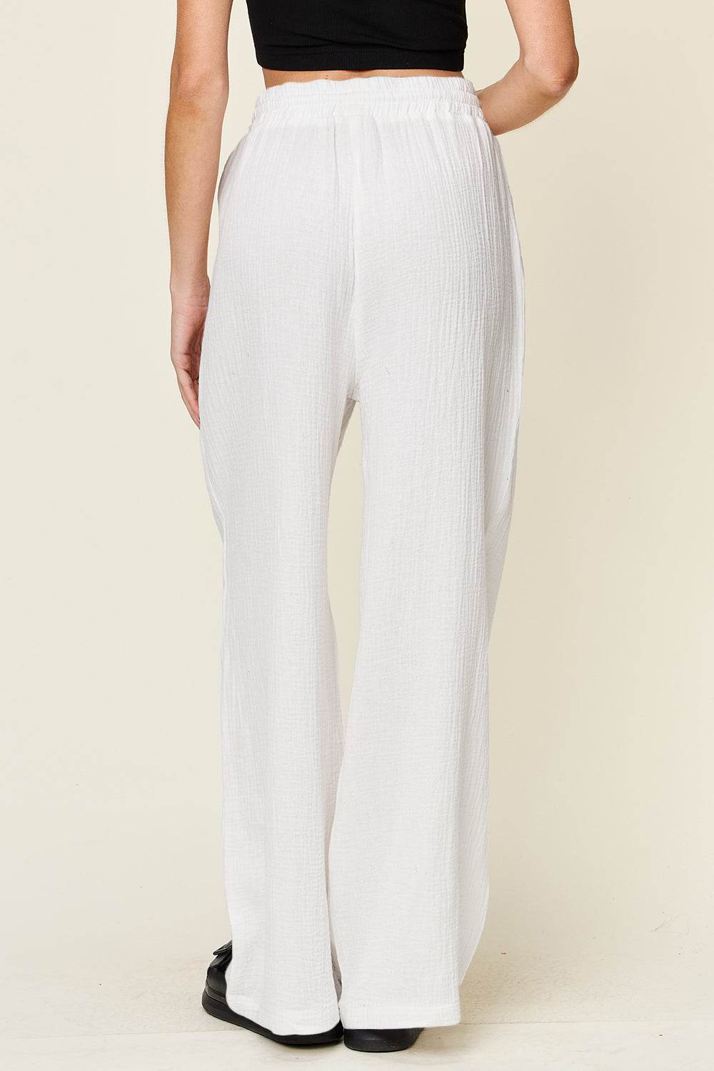 Double Take Full Size Texture Drawstring Wide Leg Pants - Delanoir