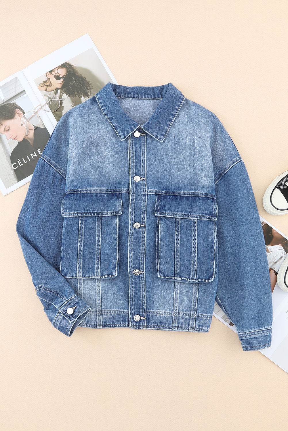 Collared Neck Button Up Denim Jacket - Delanoir