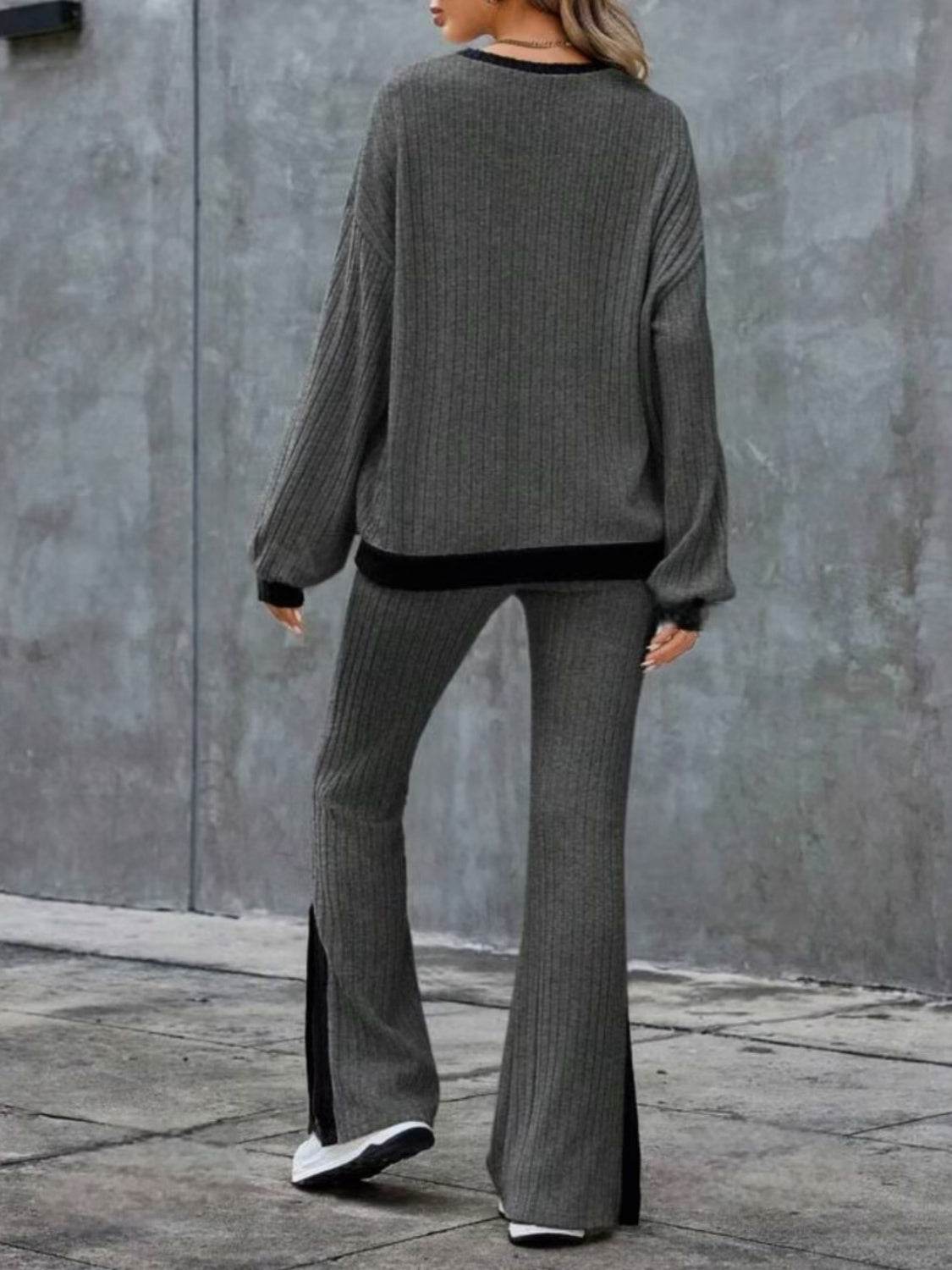 Contrast Round Neck Long Sleeve Top and Bootcut Pants Set - Delanoir