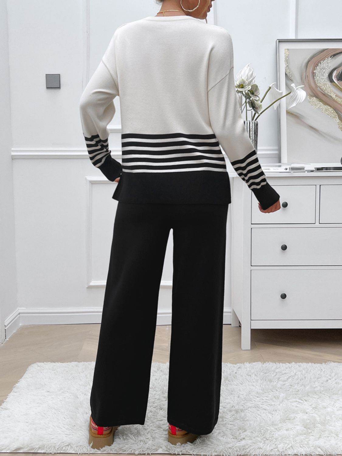 Devine Slit Striped Round Neck Top and Pants Sweater Set - Delanoir
