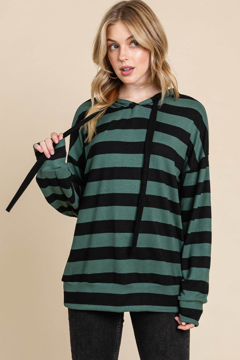 BOMBOM Drawstring Striped Dropped Shoulder Hoodie - Delanoir