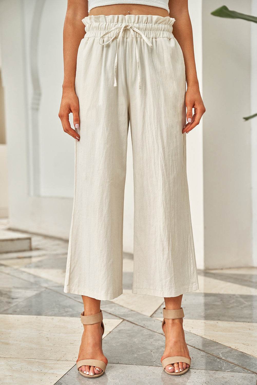 Drawstring Paperbag Waist Wide Leg Pants - Delanoir
