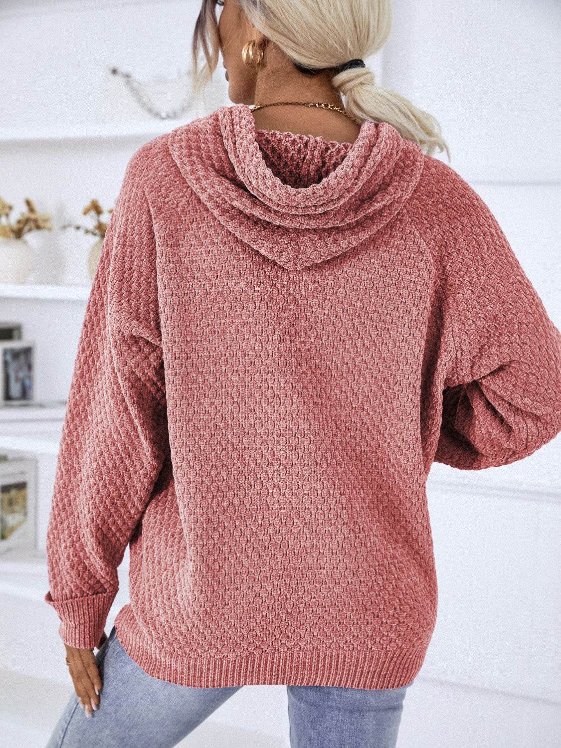 Texture Drawstring Long Sleeve Hooded Sweater - Delanoir