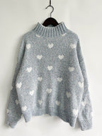 Heart Heathered Turtleneck Drop Shoulder Sweater - Delanoir