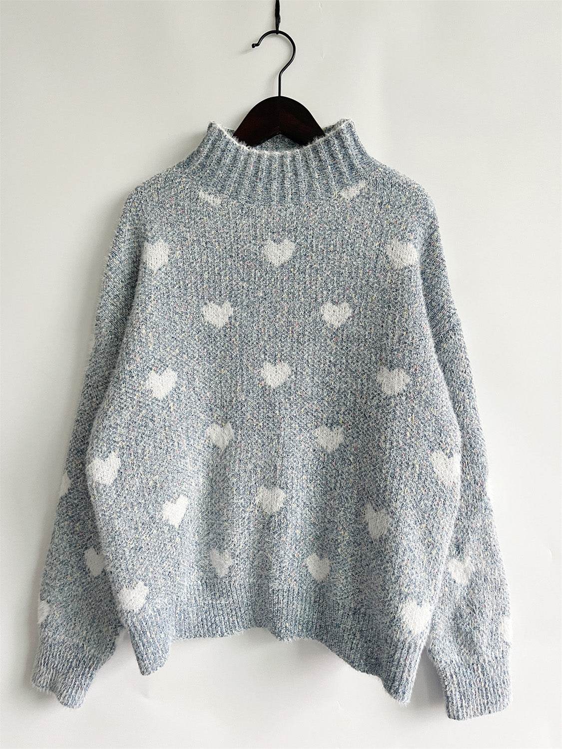 Heart Heathered Turtleneck Drop Shoulder Sweater - Delanoir