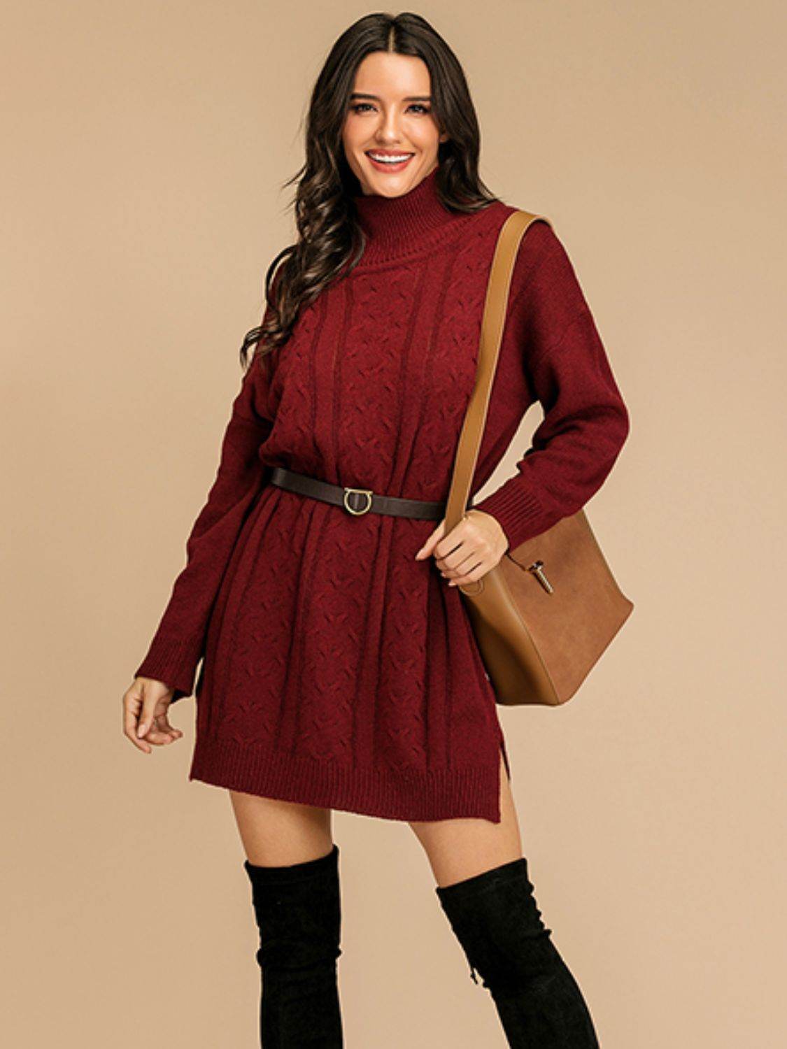 Perfee Slit Turtleneck Long Sleeve Mini Sweater Dress - Delanoir