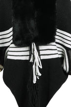Striped Fringe Detail Long Sleeve Poncho - Delanoir