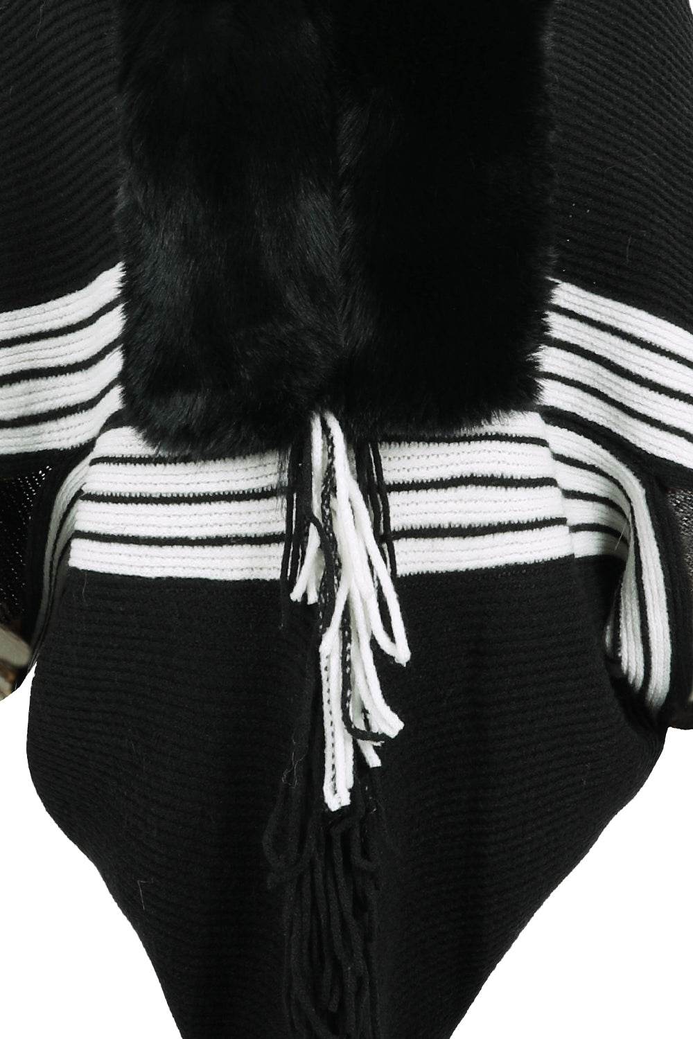 Striped Fringe Detail Long Sleeve Poncho - Delanoir