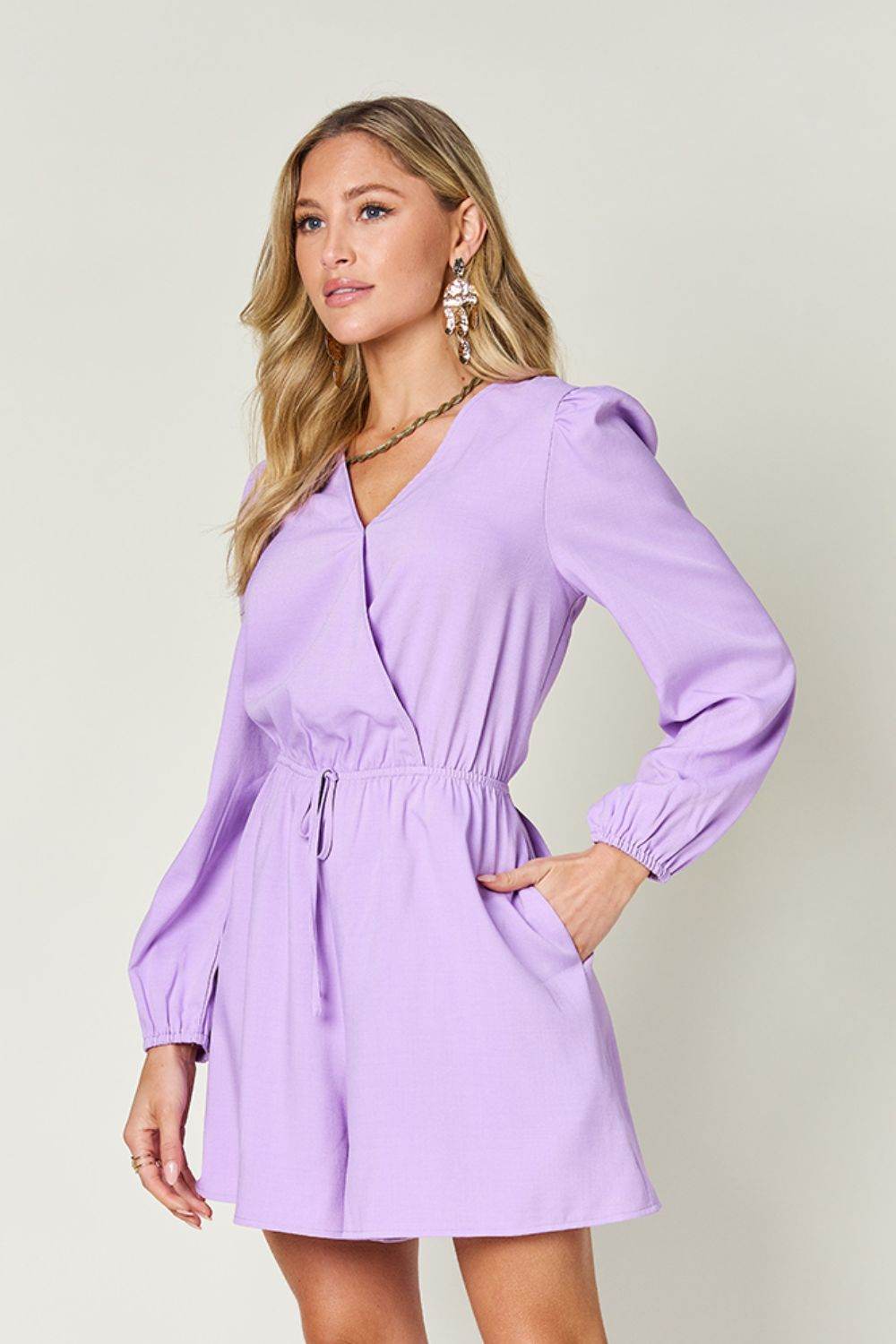 Double Take Full Size Drawstring Long Sleeve Romper - Delanoir