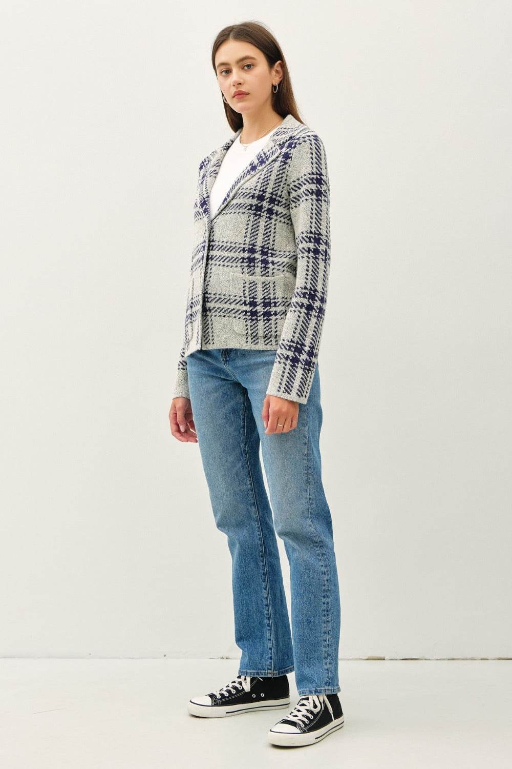 Be Cool Plaid Long Sleeve Sweater Jacket with Front Patch Pockets - Delanoir