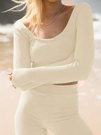 Scoop Neck Long Sleeve Top and Shorts Set - Delanoir