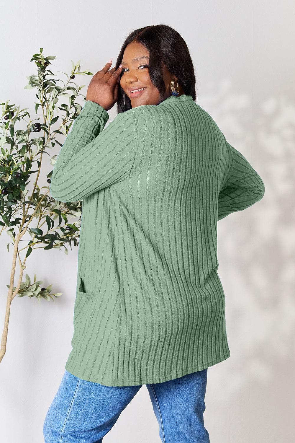 Basic Bae Full Size Ribbed Open Front Cardigan with Pockets - Delanoir