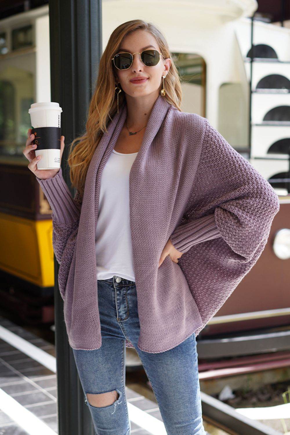 Open Front Batwing Sleeve Cardigan - Delanoir
