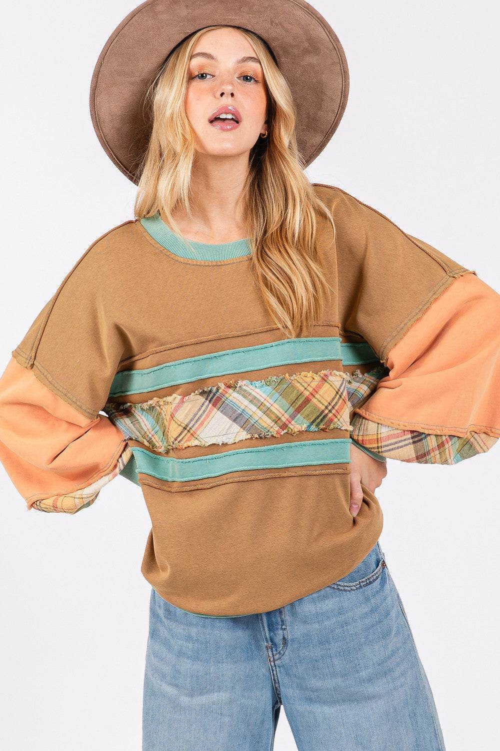 SAGE + FIG Mineral Wash Raw Edge Color Block Sweatshirt - Delanoir