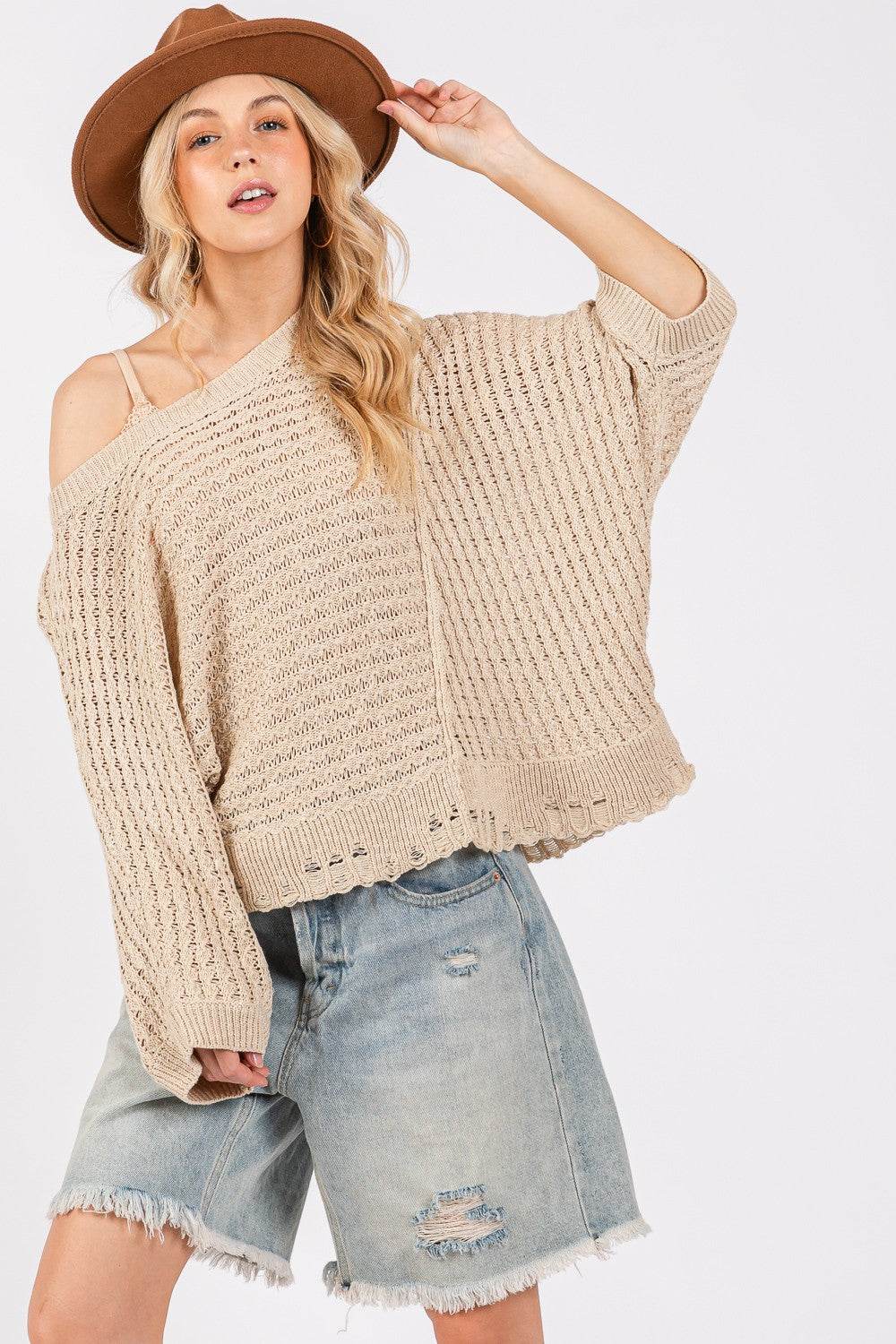 SAGE + FIG Distressed Asymmetrical Open Stitch Sweater - Delanoir