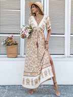 Drawstring Printed Plunge Half Sleeve Dress - Delanoir