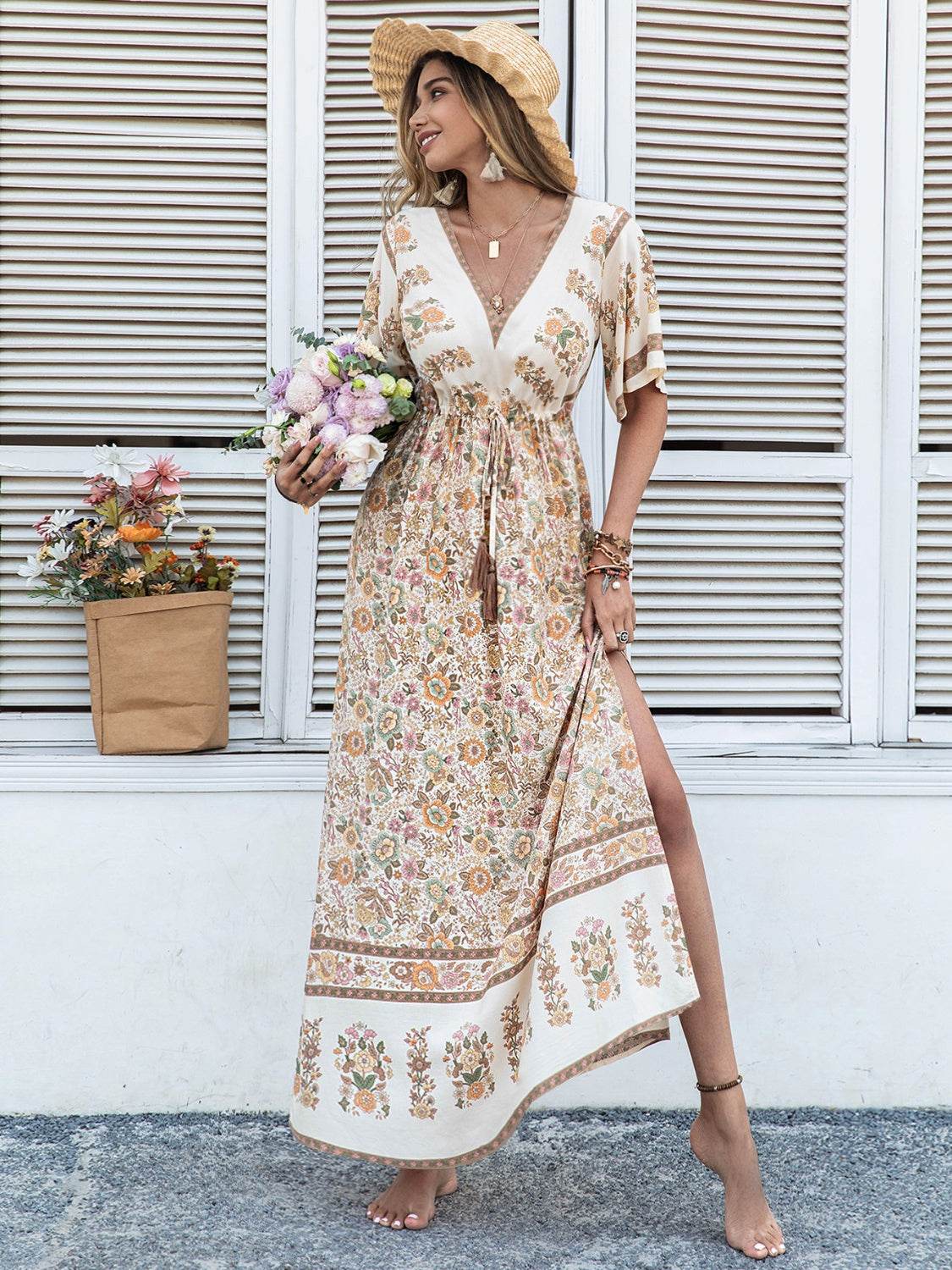 Drawstring Printed Plunge Half Sleeve Dress - Delanoir