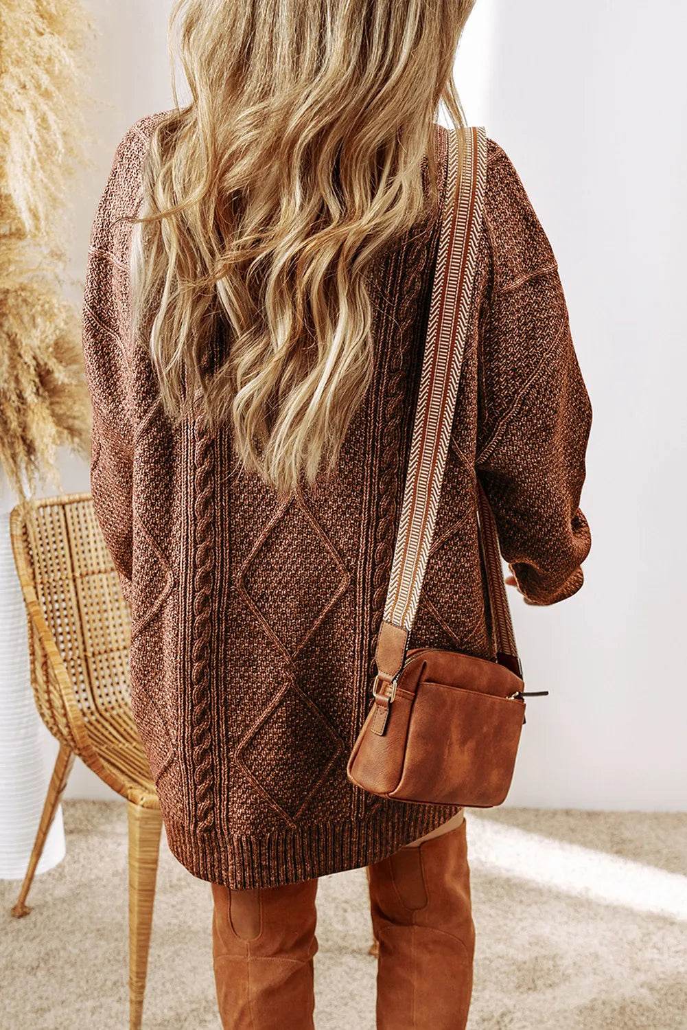 Cable-Knit Round Neck Sweater Dress - Delanoir