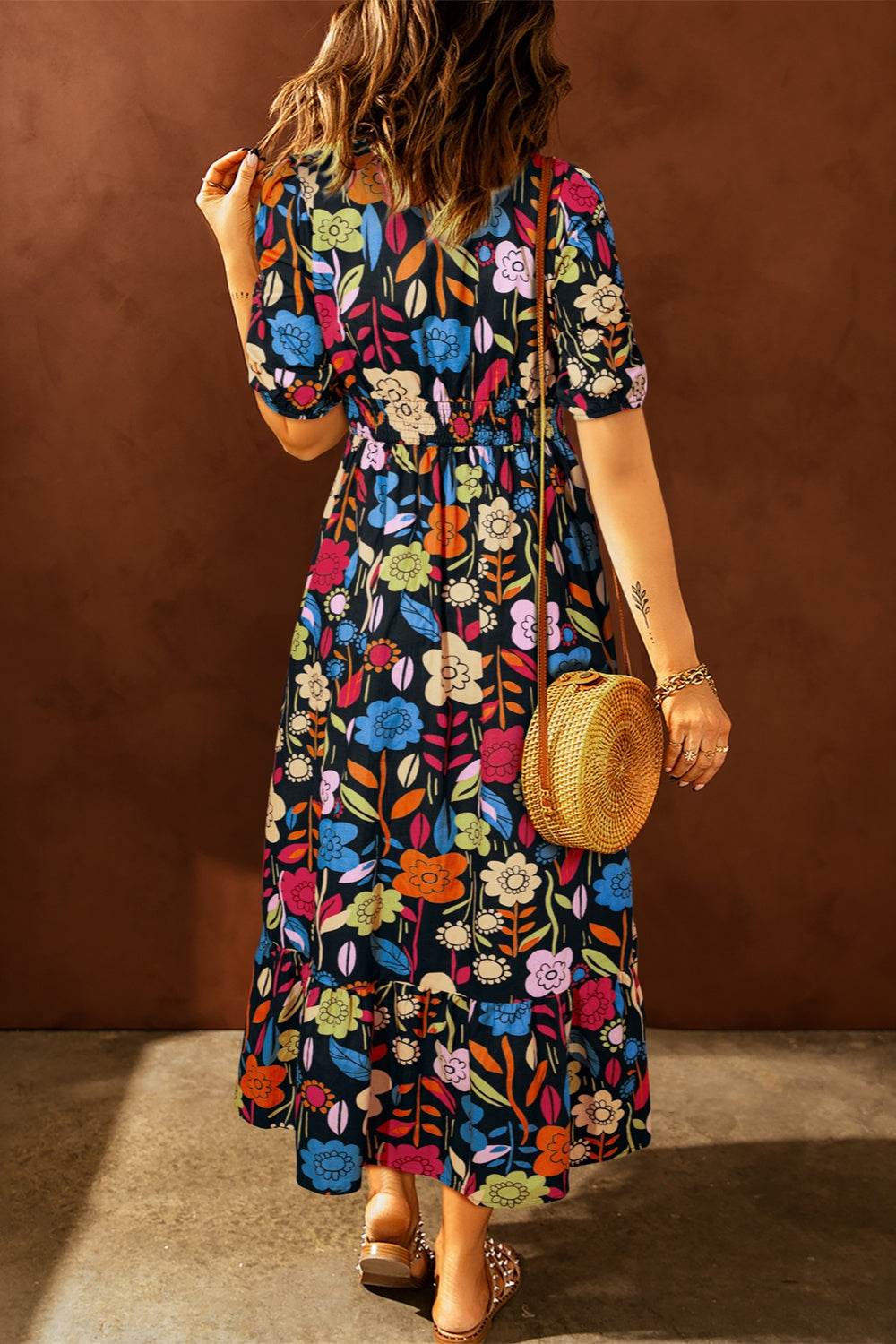 Printed V-Neck Half Sleeve Midi Dress - Delanoir