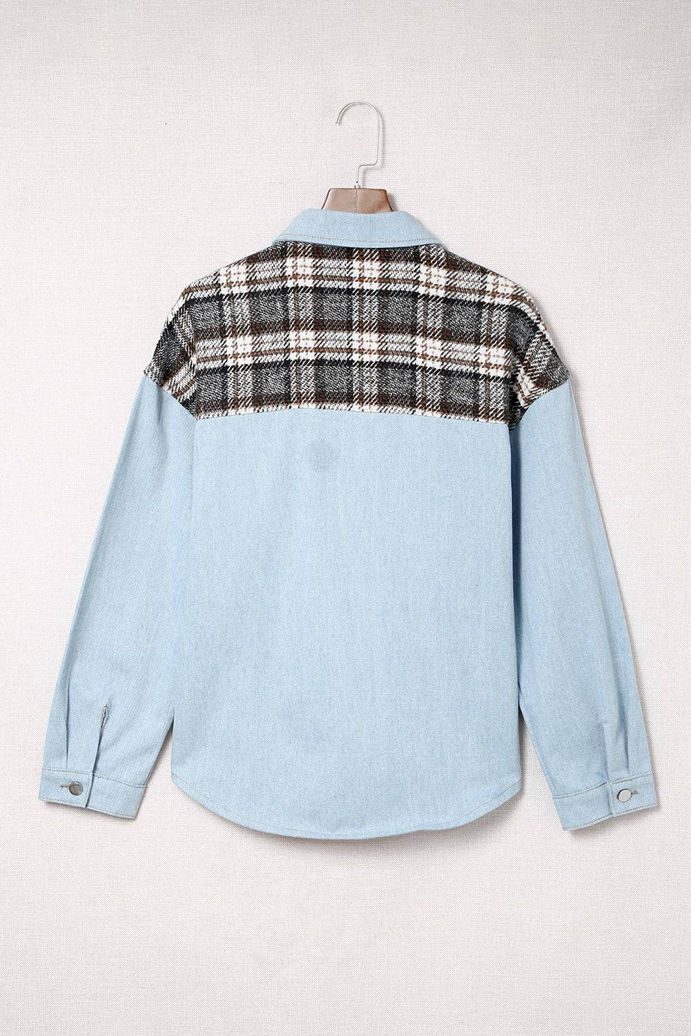 Plaid Pocketed Button Up Denim Jacket - Delanoir