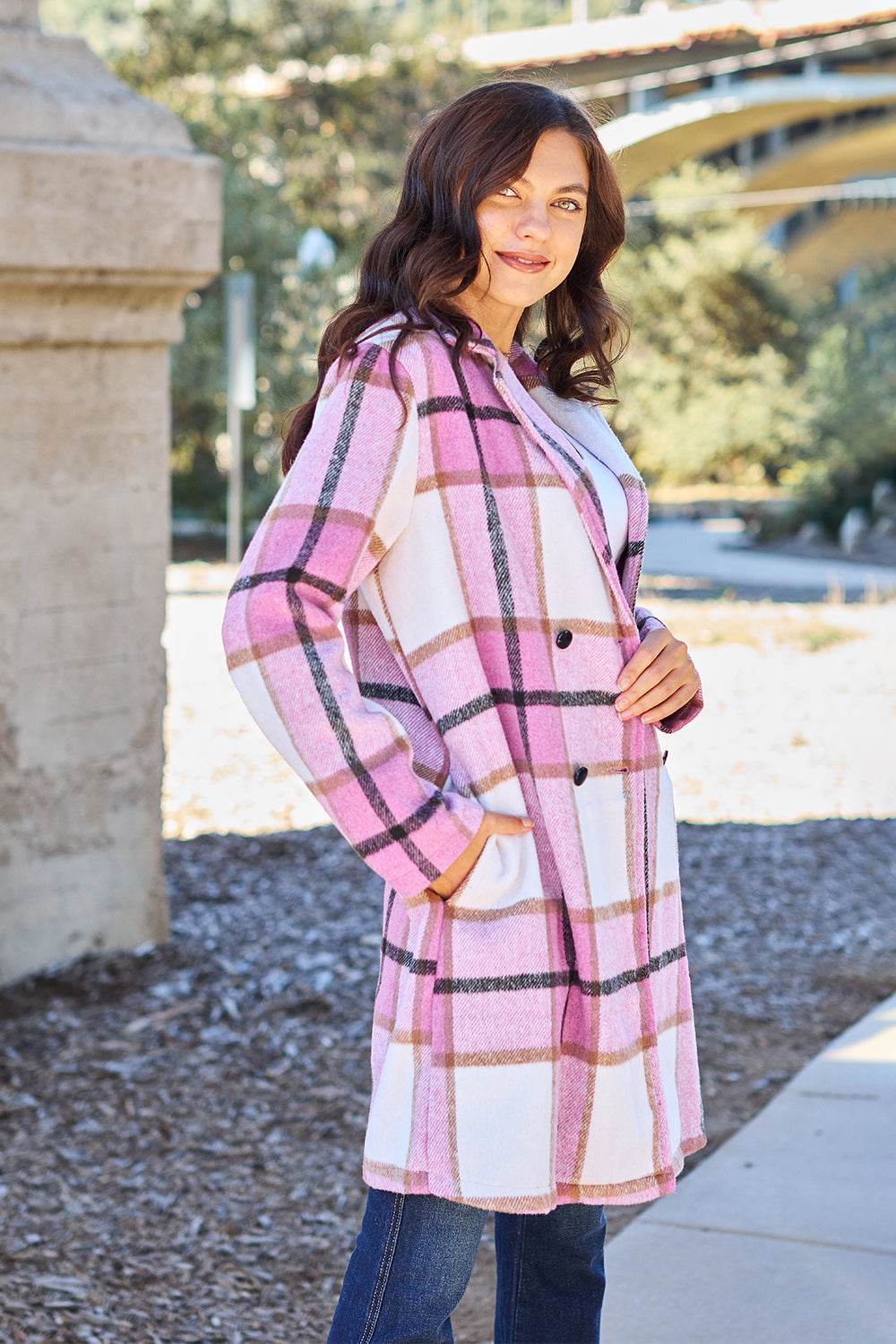 Double Take Full Size Plaid Button Up Lapel Collar Coat - Delanoir