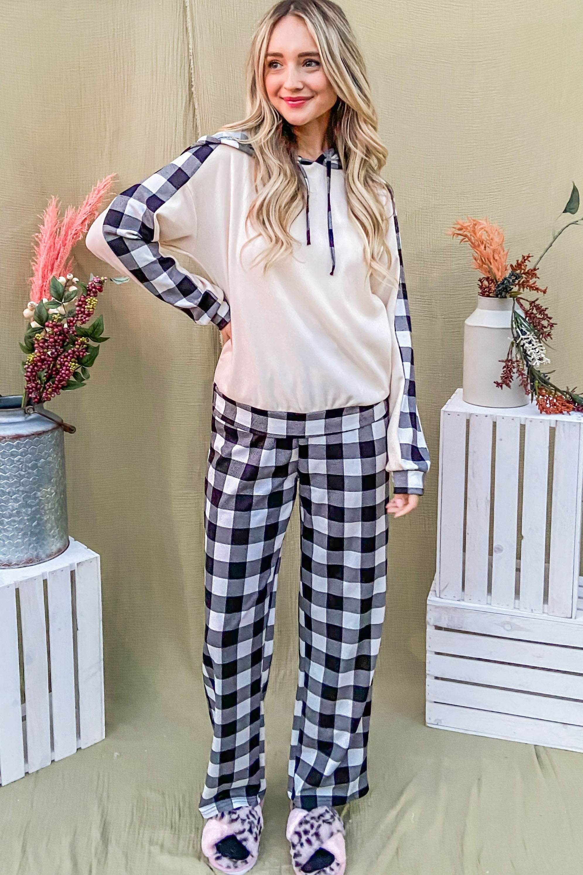 And The Why Drawstring Hooded Top and Plaid Pants Lounge Set - Delanoir