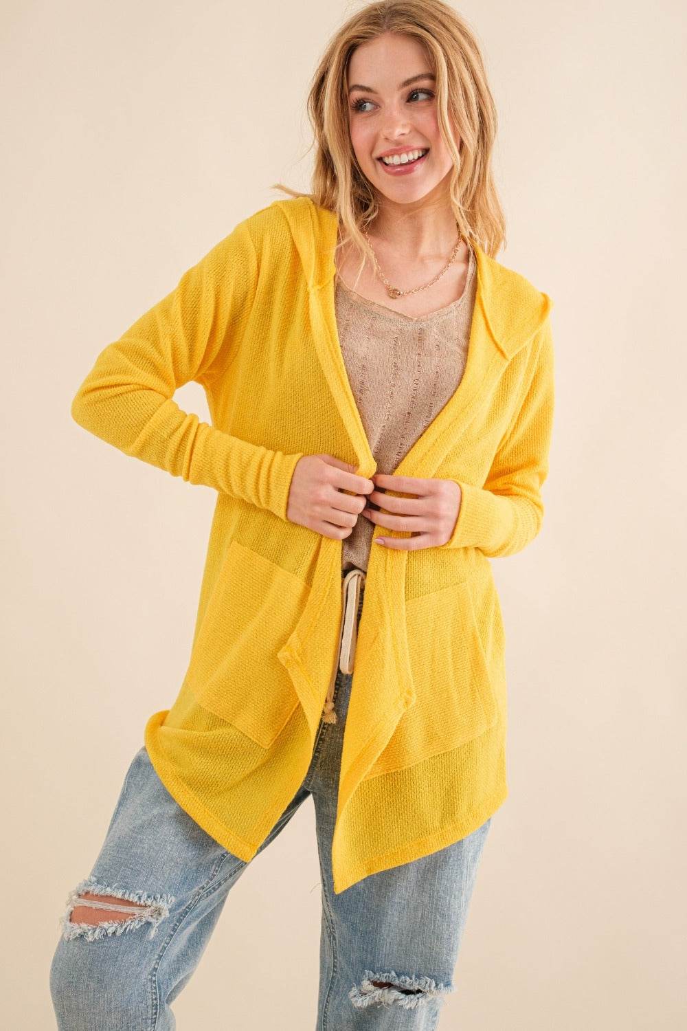 And The Why Full Size Thermal Hooded Open Front Cardigan with Pockets - Delanoir