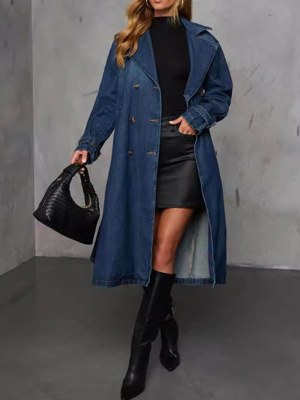 Button Up Long Sleeve Longline Denim Jacket - Delanoir