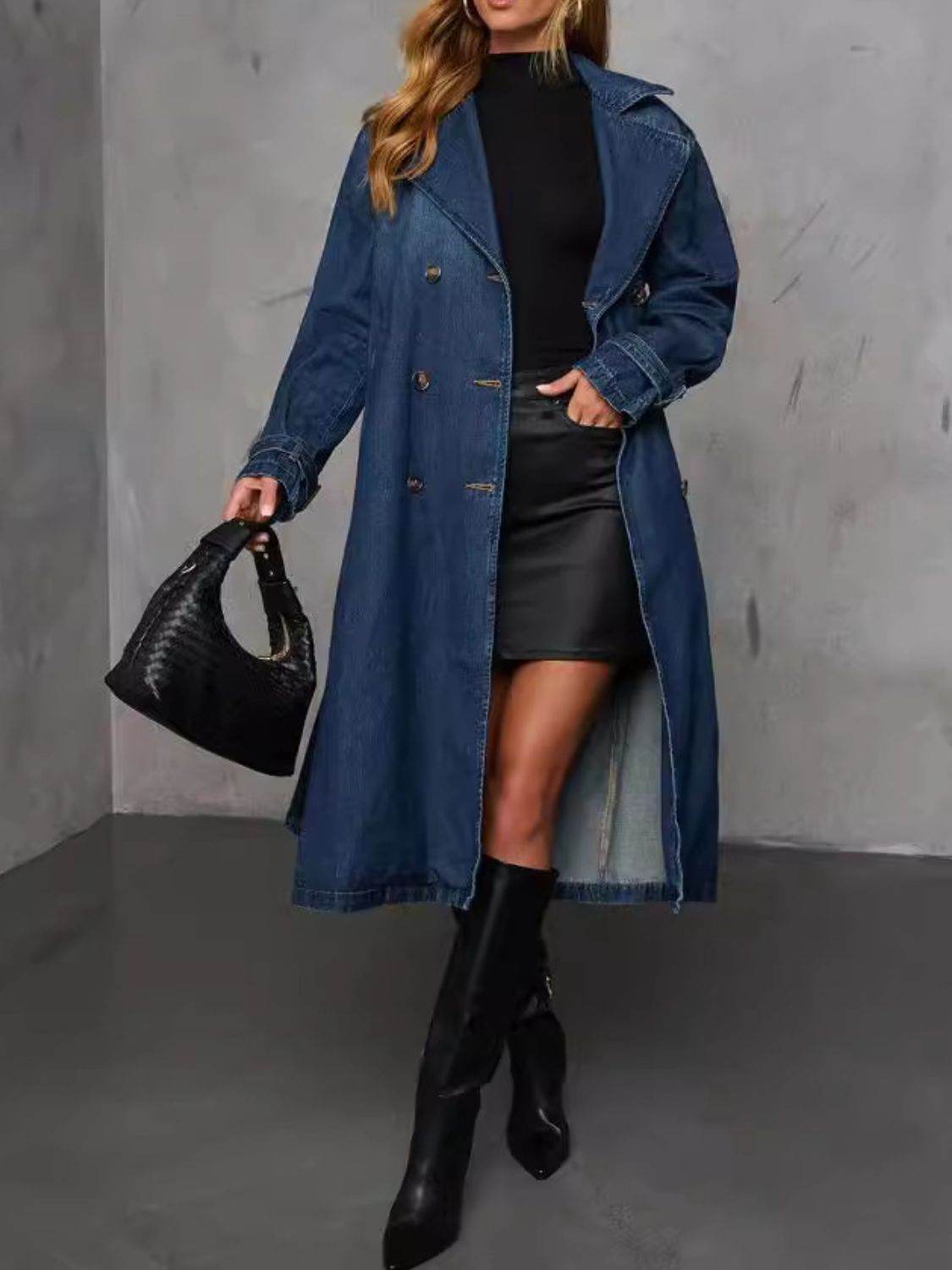 Button Up Long Sleeve Longline Denim Jacket - Delanoir