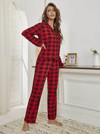 Plaid Collared Neck Long Sleeve Top and Pants Lounge Set - Delanoir
